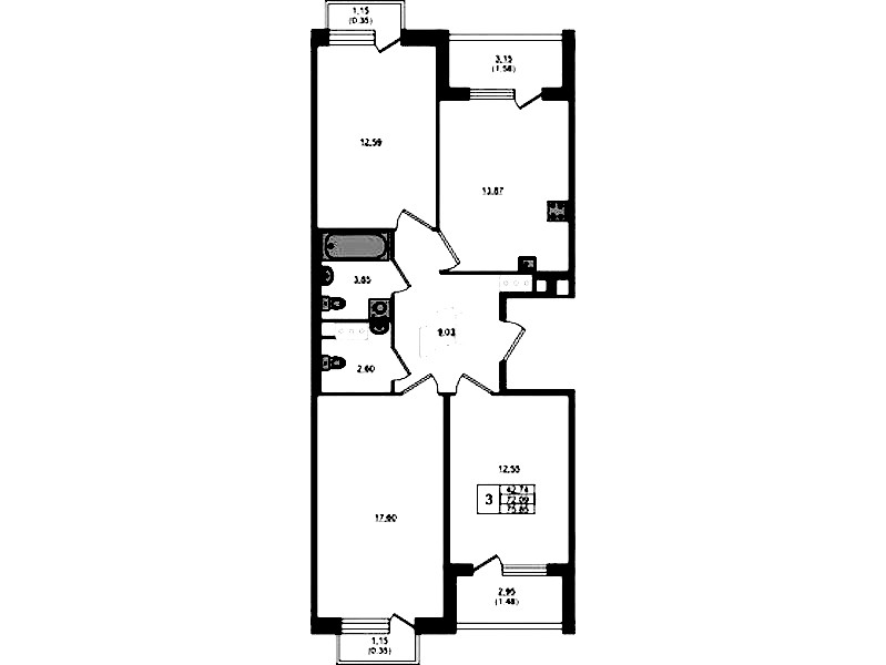 3-комнатная квартира 72.09 м², 5/5 эт., ЖК «Plus Пулковский»